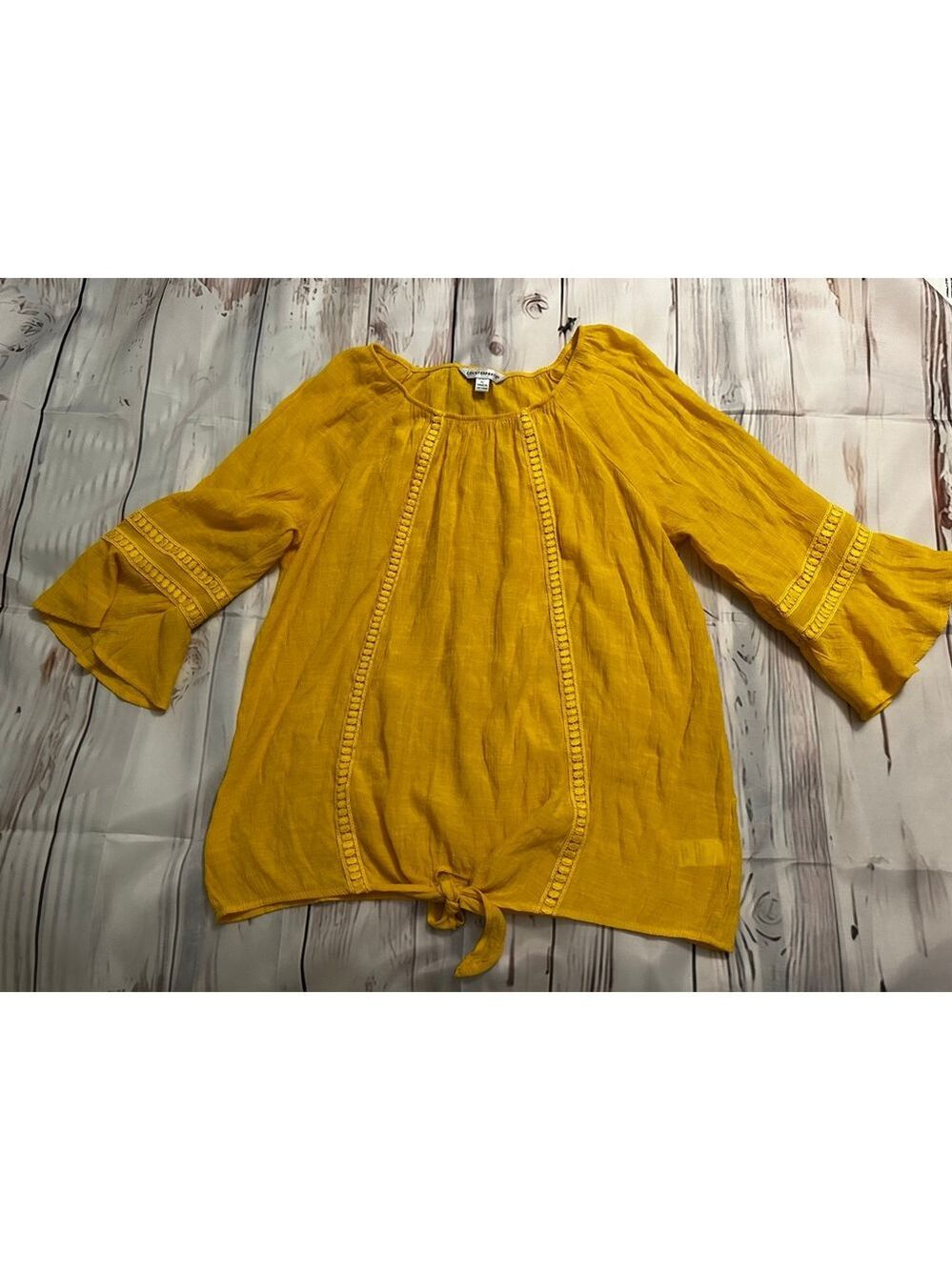 Counterparts Yellow Blouse XL Bell Sleeve Tie Front EUC